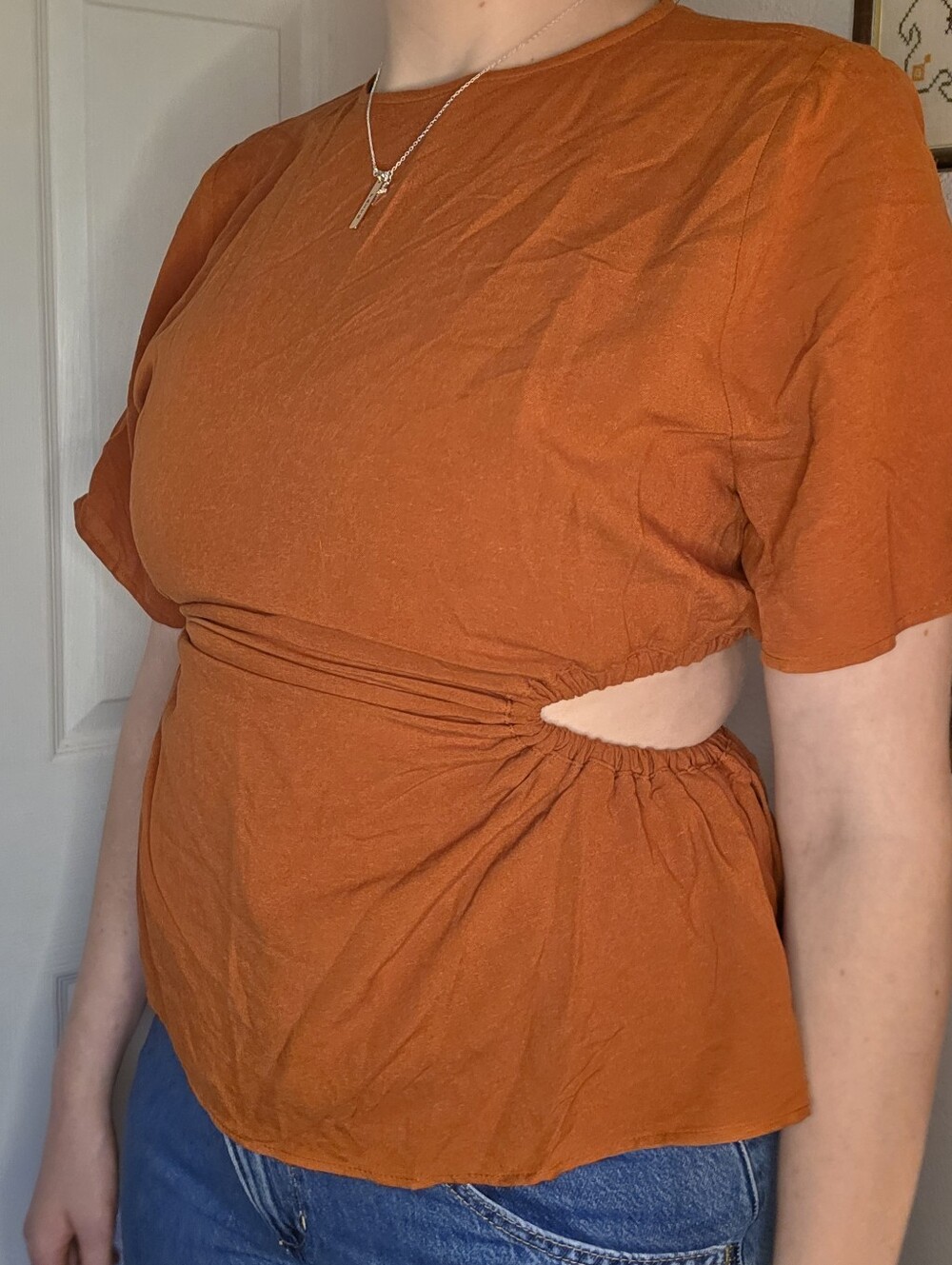Rust Orange Short Sleeve Cutout Top